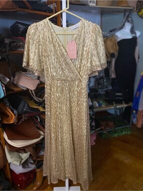 Ivy City Co Gold Sequin Wrap Midi Dress